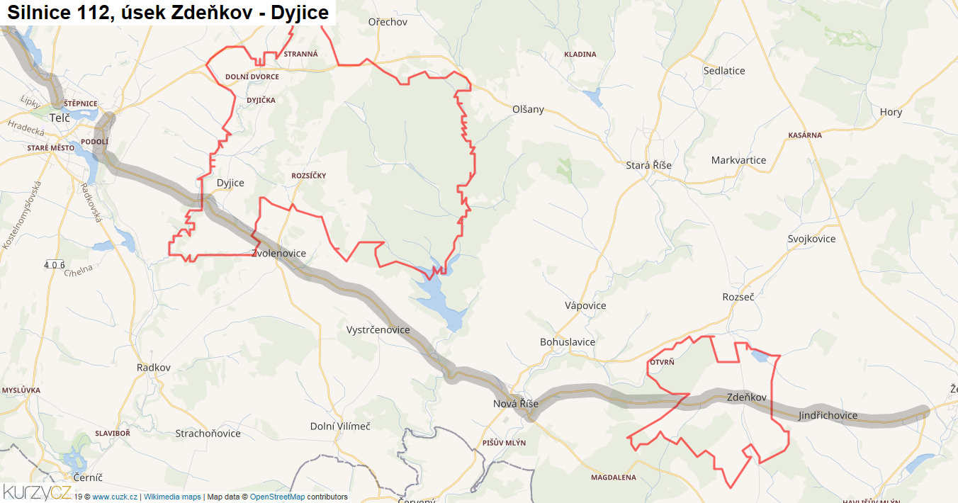 Úsek Zdeňkov - Dyjice, Silnice 112 - Mapa