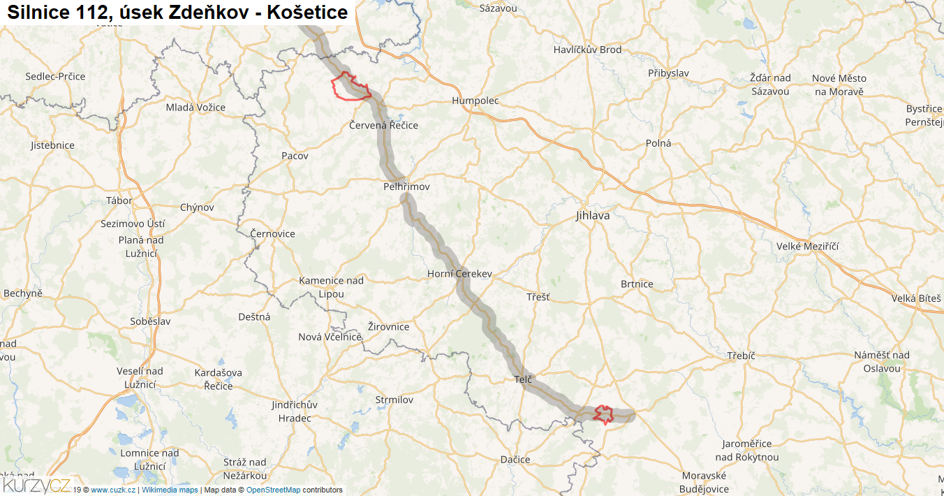 Úsek Zdeňkov - Košetice, Silnice 112 - Mapa