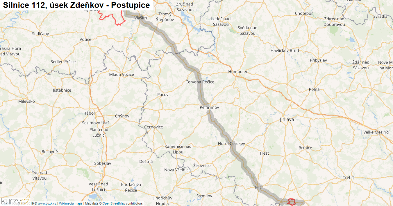 Úsek Zdeňkov - Postupice, Silnice 112 - Mapa