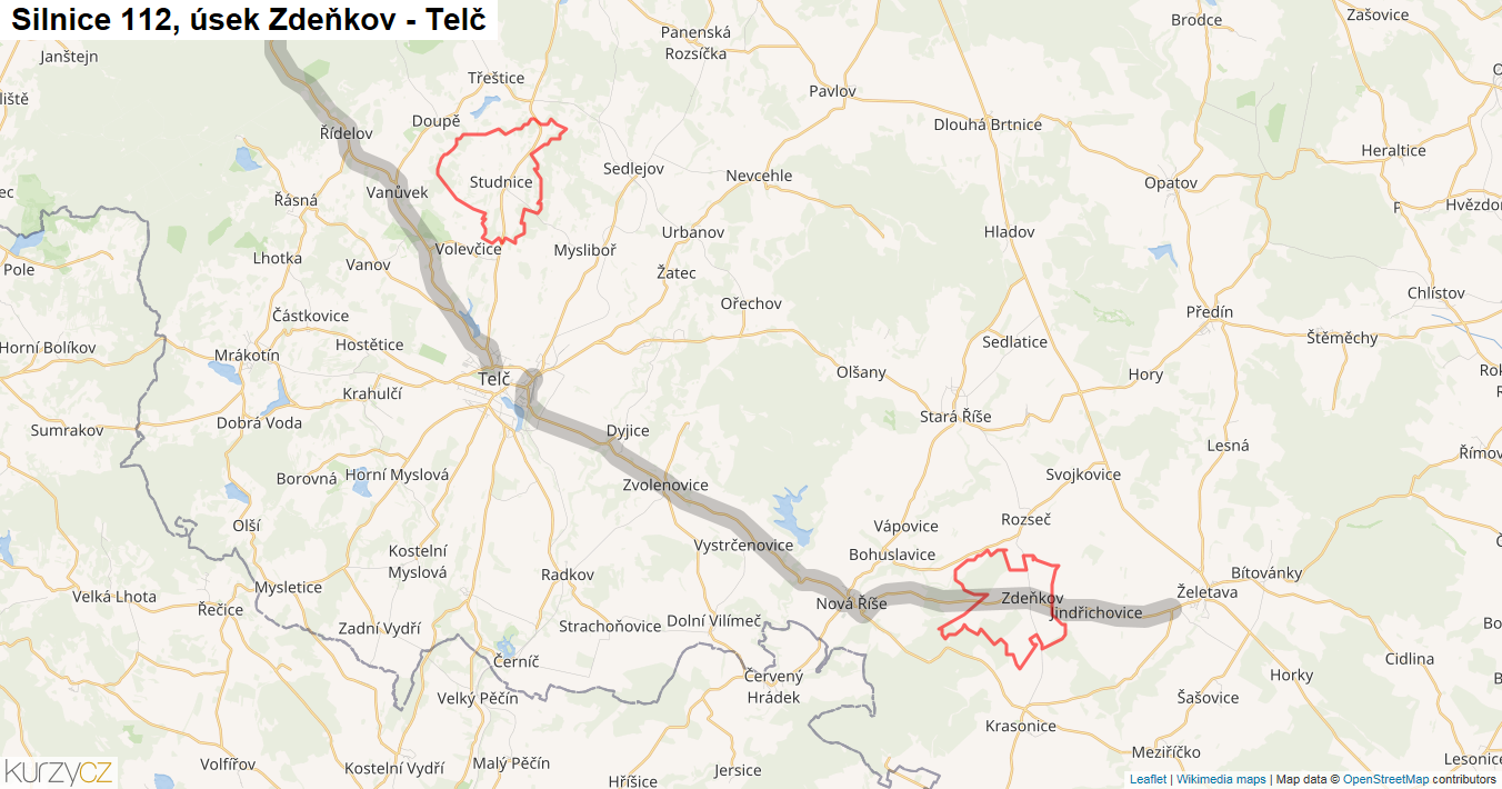 Úsek Zdeňkov - Telč, Silnice 112 - Mapa