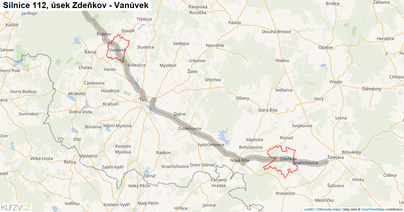 Úsek Zdeňkov - Vanůvek, Silnice 112 - Mapa