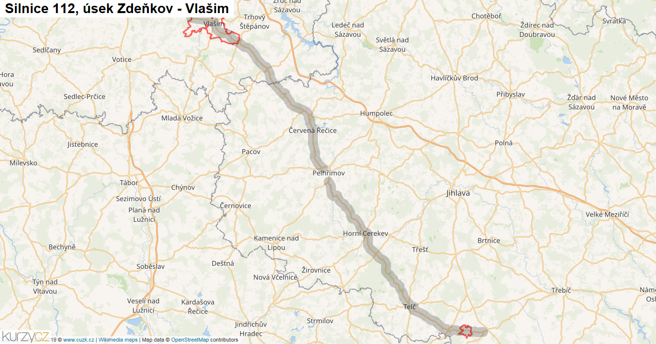 Úsek Zdeňkov - Vlašim, Silnice 112 - Mapa