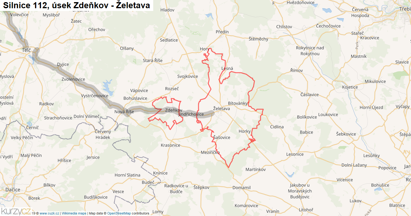 Úsek Zdeňkov - Želetava, Silnice 112 - Mapa