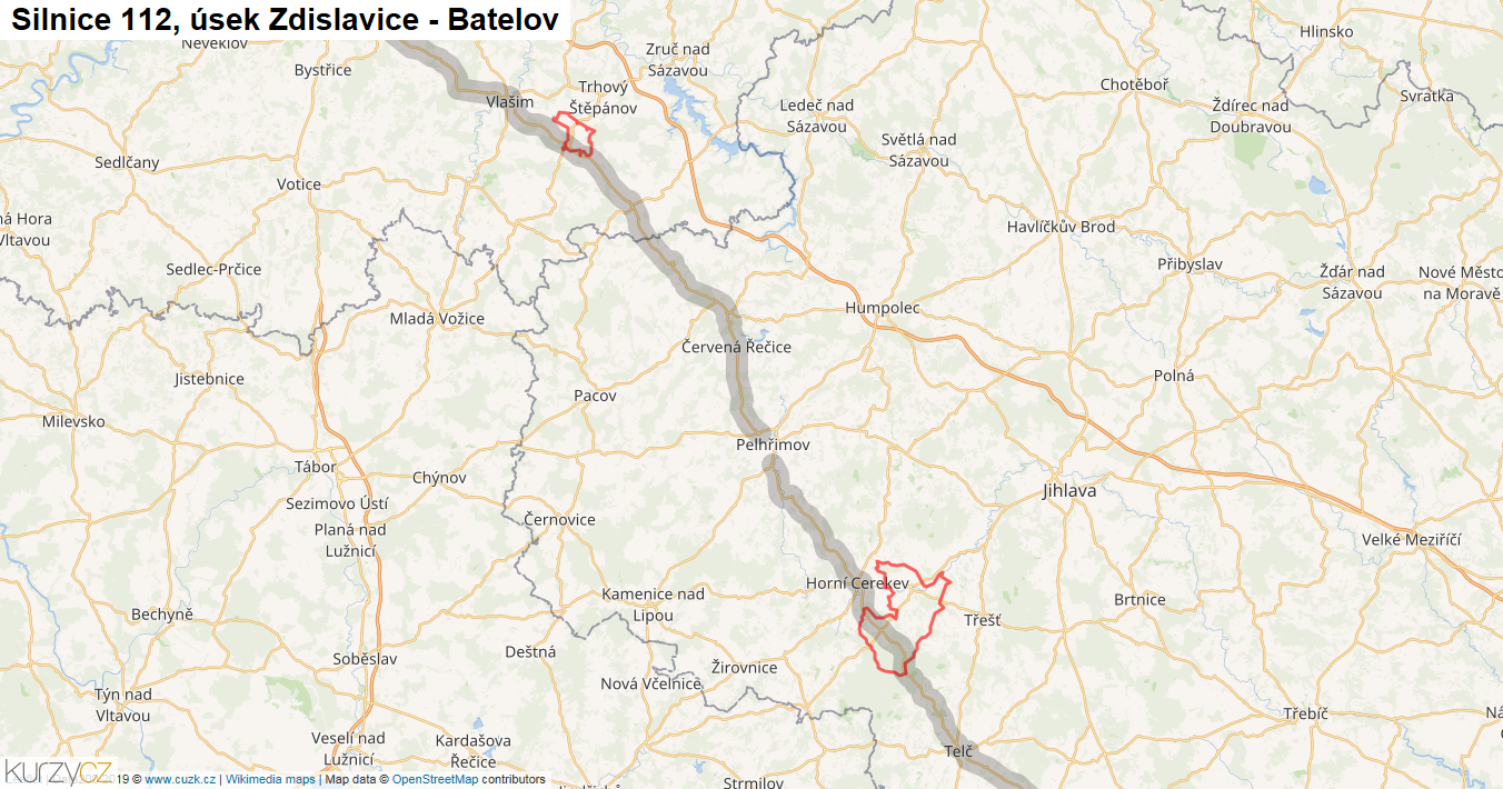 Úsek Zdislavice - Batelov, Silnice 112 - Mapa