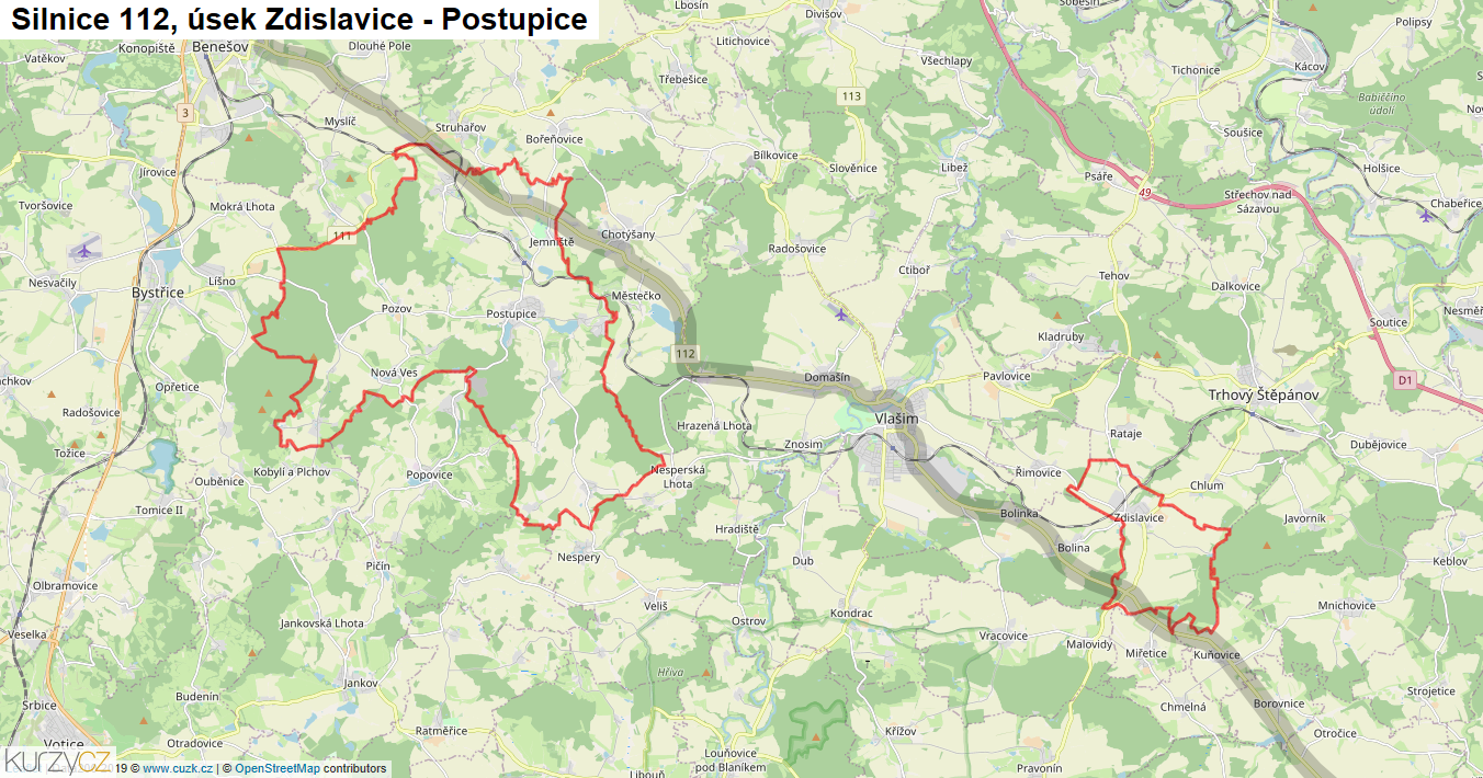Úsek Zdislavice - Postupice, Silnice 112 - Mapa