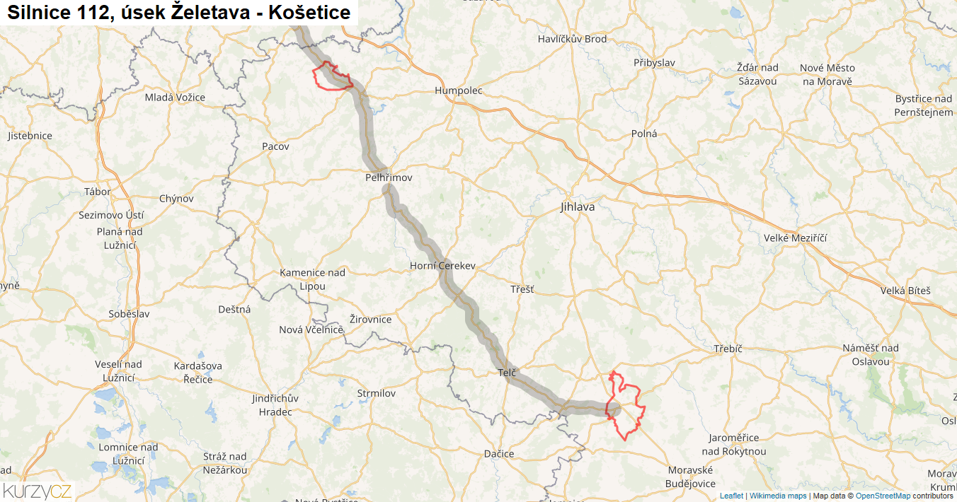 Úsek Želetava - Košetice, Silnice 112 - Mapa