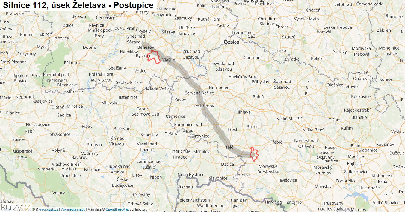 Úsek Želetava - Postupice, Silnice 112 - Mapa