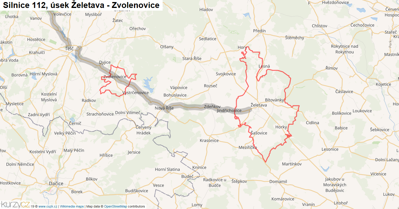 Úsek Želetava - Zvolenovice, Silnice 112 - Mapa