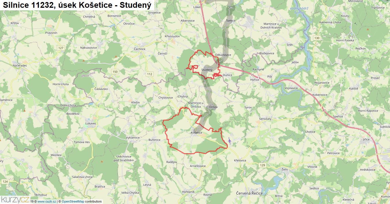 Úsek Košetice - Studený, Silnice 11232 - Mapa