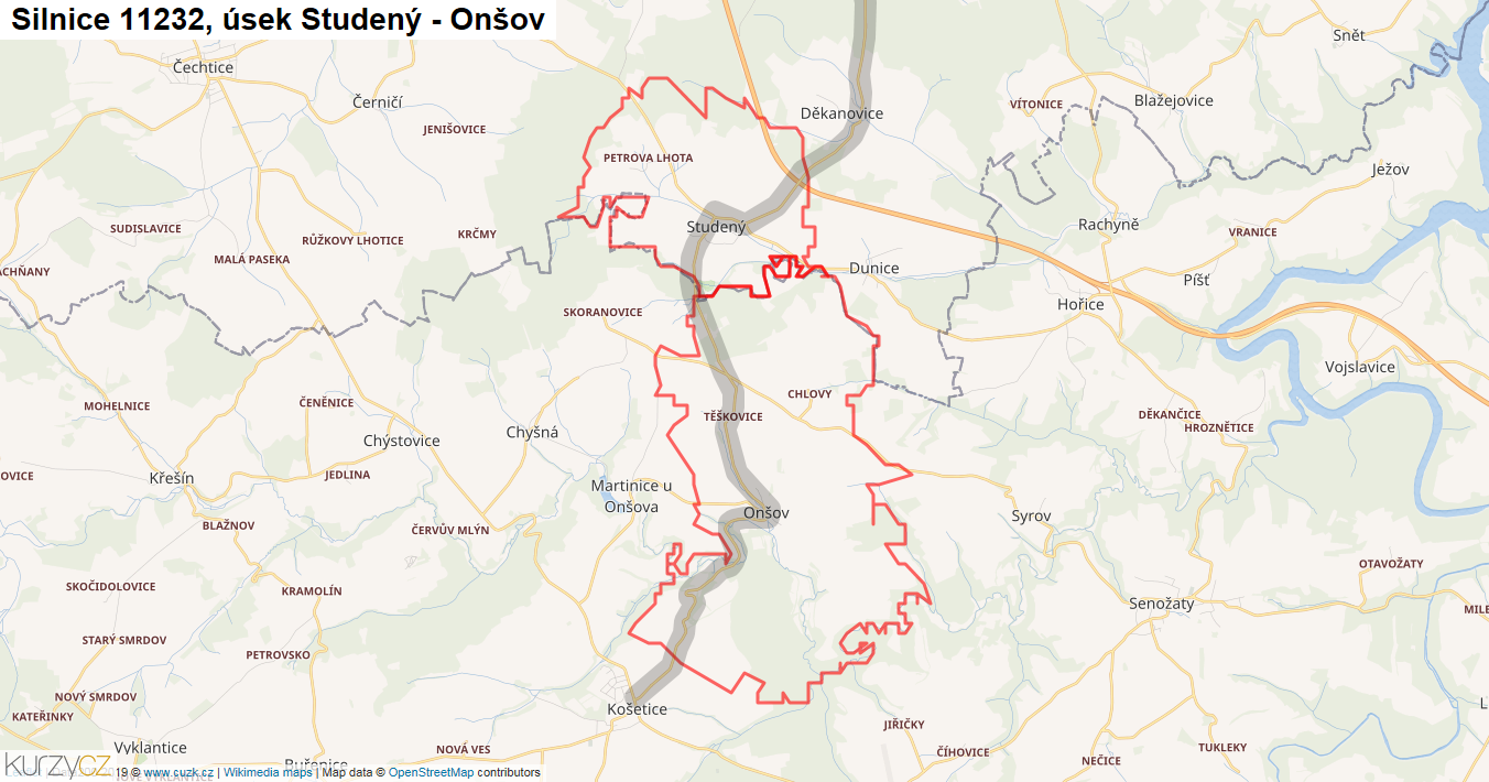 Úsek Studený - Onšov, Silnice 11232 - Mapa