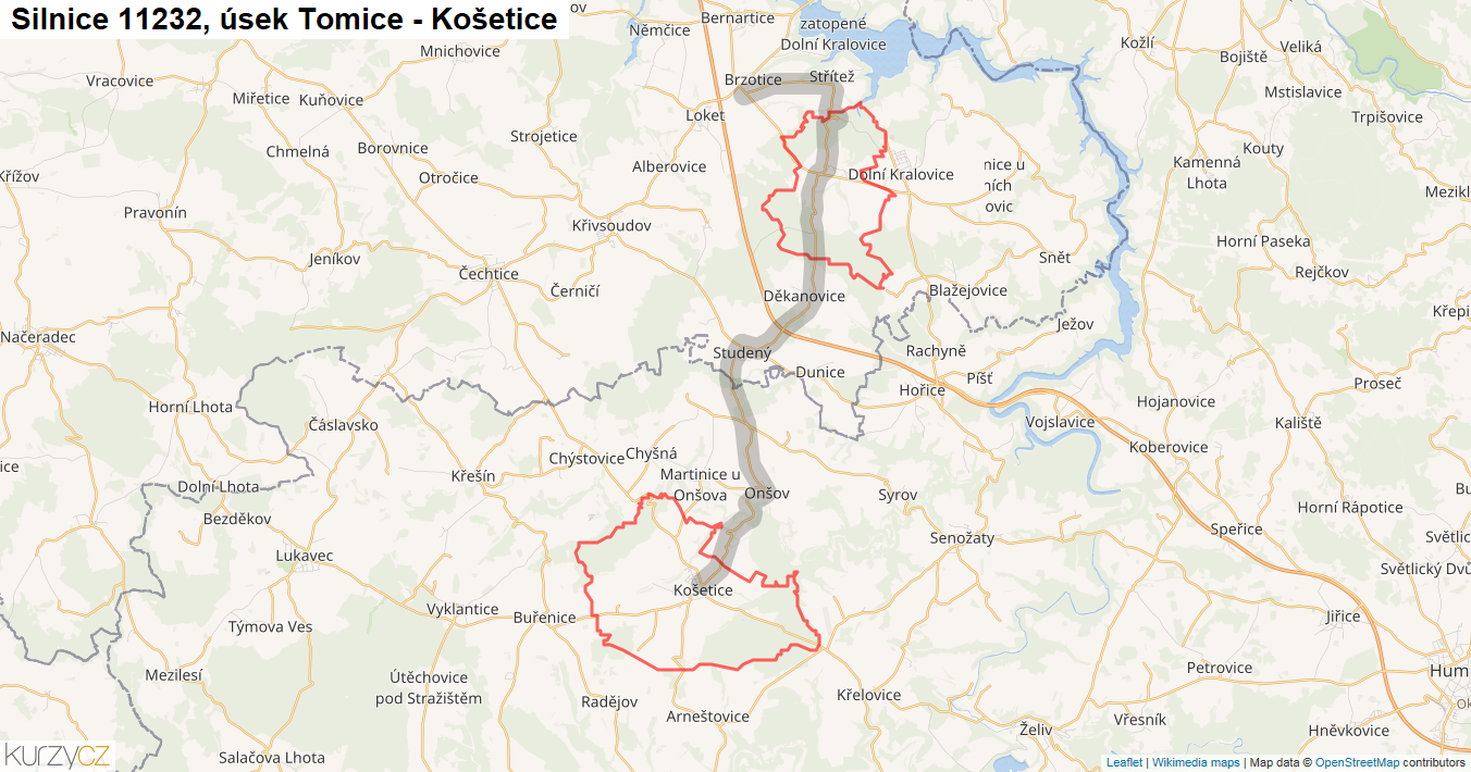 Úsek Tomice - Košetice, Silnice 11232 - Mapa