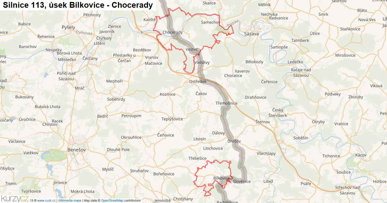 Úsek Bílkovice - Chocerady, Silnice 113 - Mapa