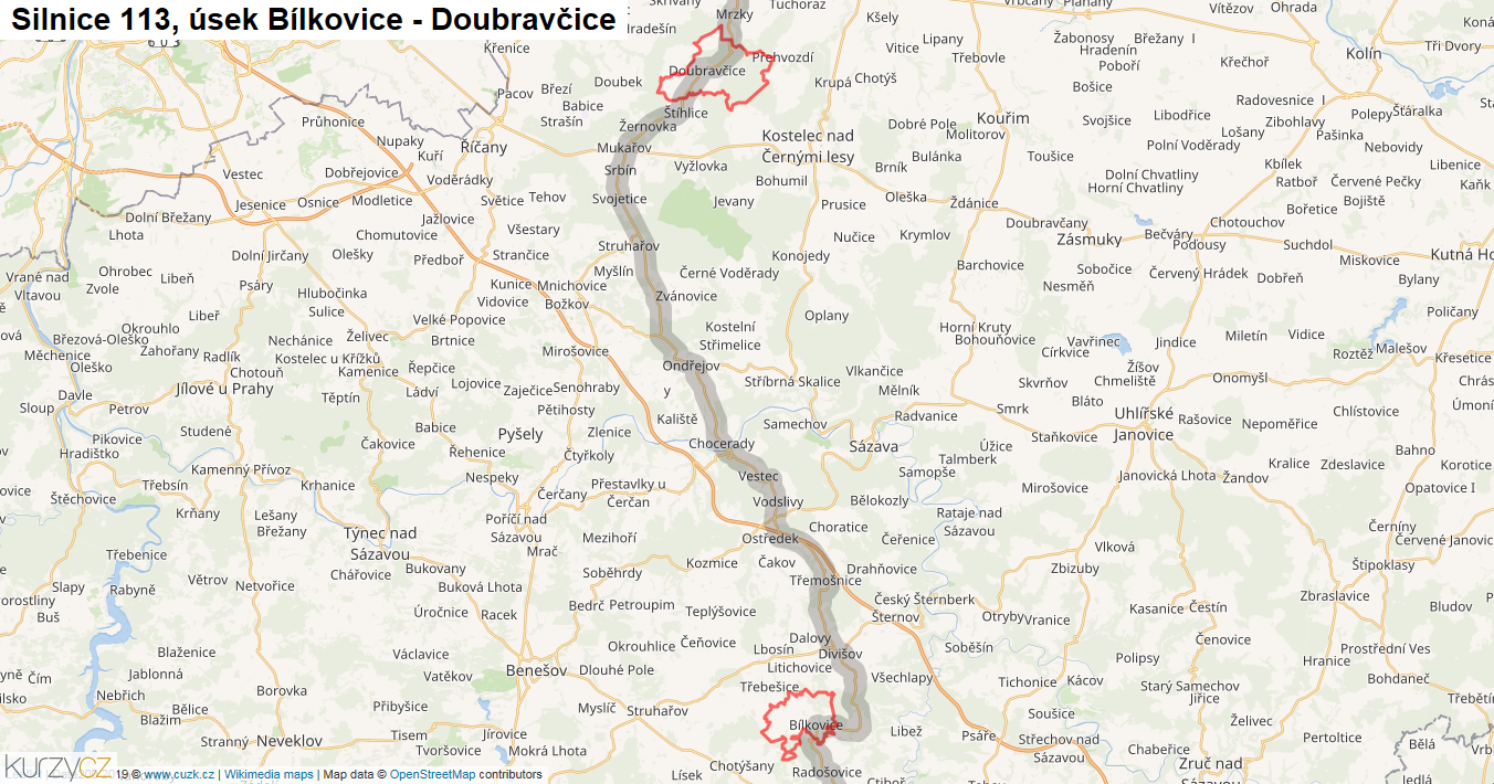 Úsek Bílkovice - Doubravčice, Silnice 113 - Mapa