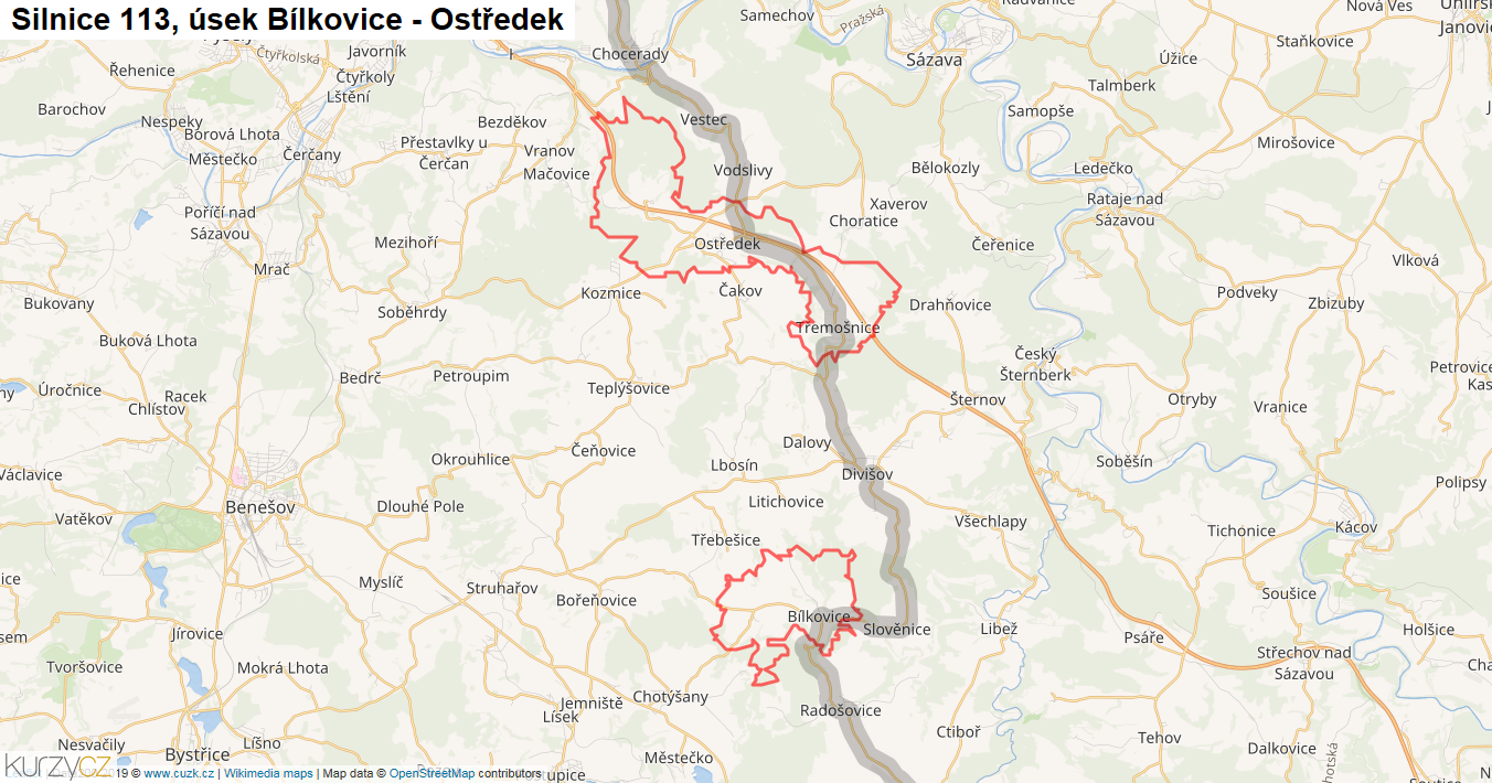 Úsek Bílkovice - Ostředek, Silnice 113 - Mapa