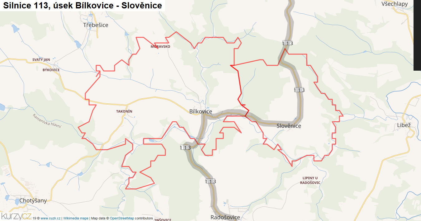 Úsek Bílkovice - Slověnice, Silnice 113 - Mapa