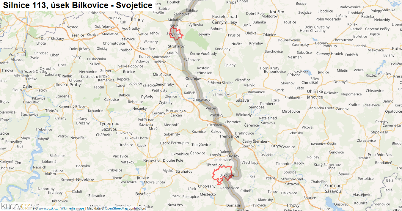 Úsek Bílkovice - Svojetice, Silnice 113 - Mapa