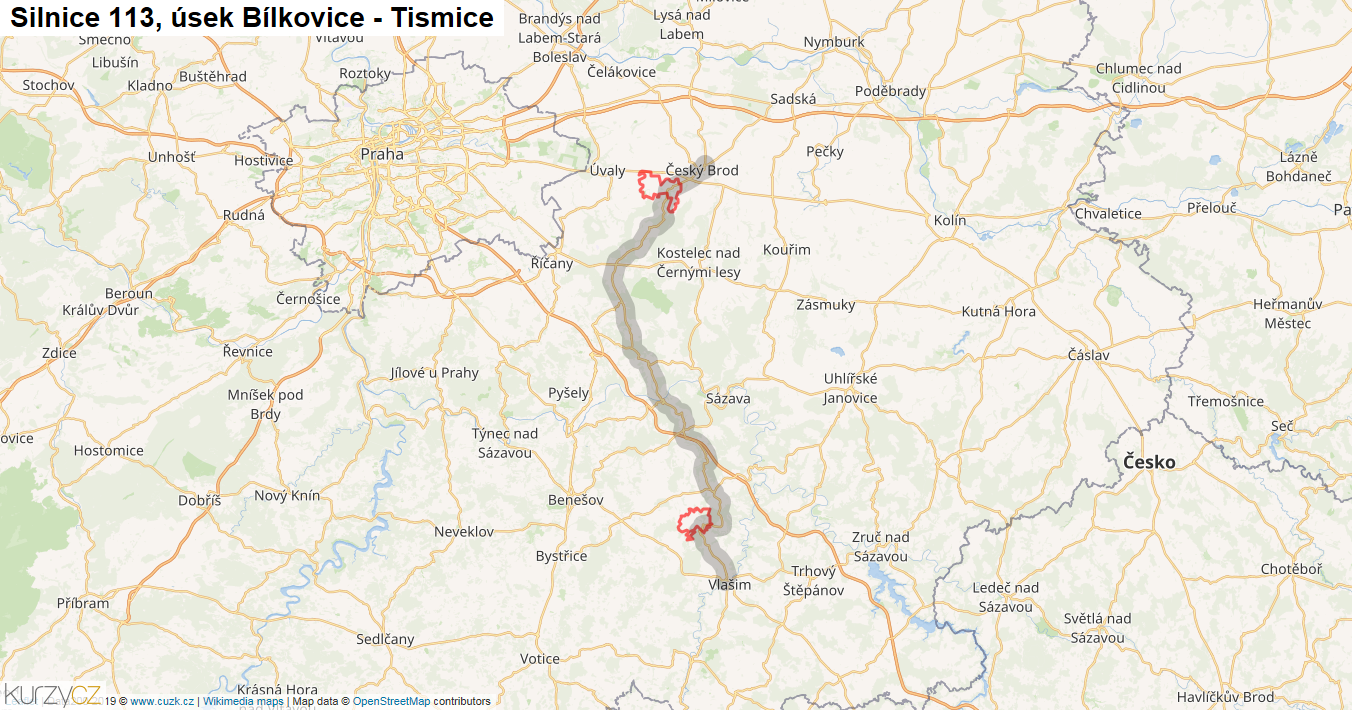 Úsek Bílkovice - Tismice, Silnice 113 - Mapa