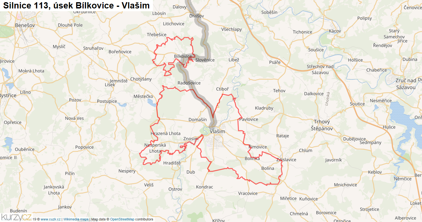Úsek Bílkovice - Vlašim, Silnice 113 - Mapa