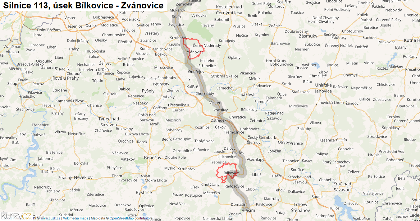 Úsek Bílkovice - Zvánovice, Silnice 113 - Mapa