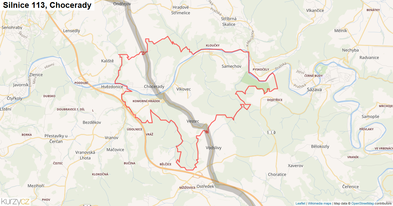 Chocerady, Silnice 113 - Mapa