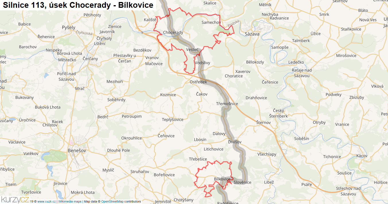 Úsek Chocerady - Bílkovice, Silnice 113 - Mapa