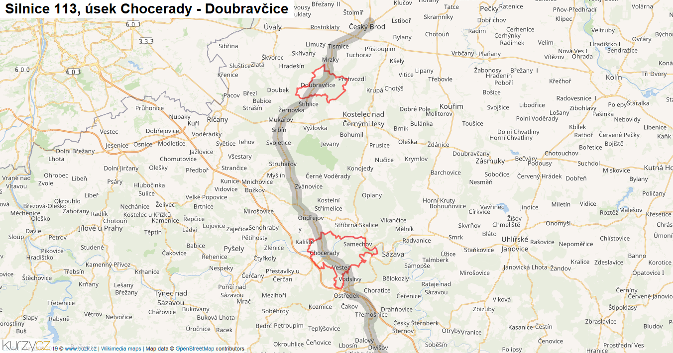 Úsek Chocerady - Doubravčice, Silnice 113 - Mapa