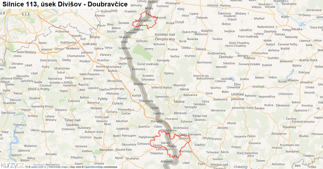 Úsek Divišov - Doubravčice, Silnice 113 - Mapa