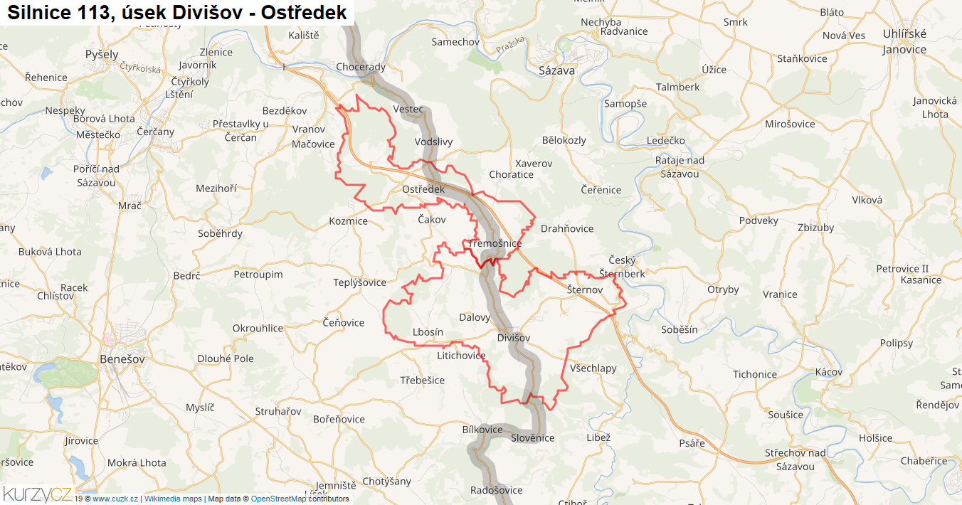 Úsek Divišov - Ostředek, Silnice 113 - Mapa