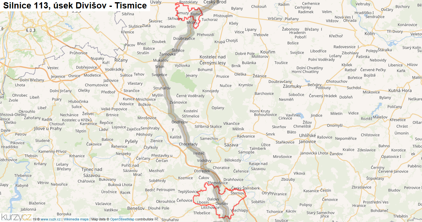 Úsek Divišov - Tismice, Silnice 113 - Mapa
