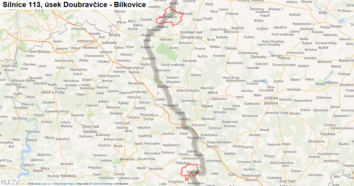 Úsek Doubravčice - Bílkovice, Silnice 113 - Mapa