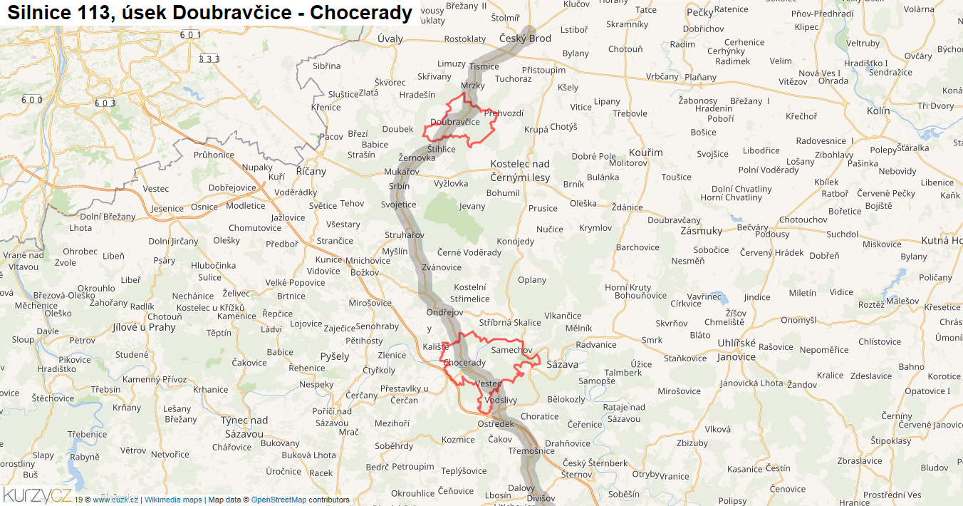 Úsek Doubravčice - Chocerady, Silnice 113 - Mapa