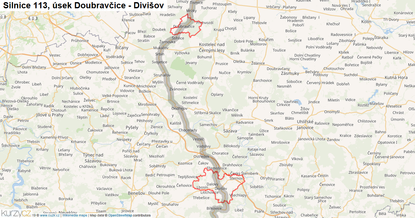 Úsek Doubravčice - Divišov, Silnice 113 - Mapa