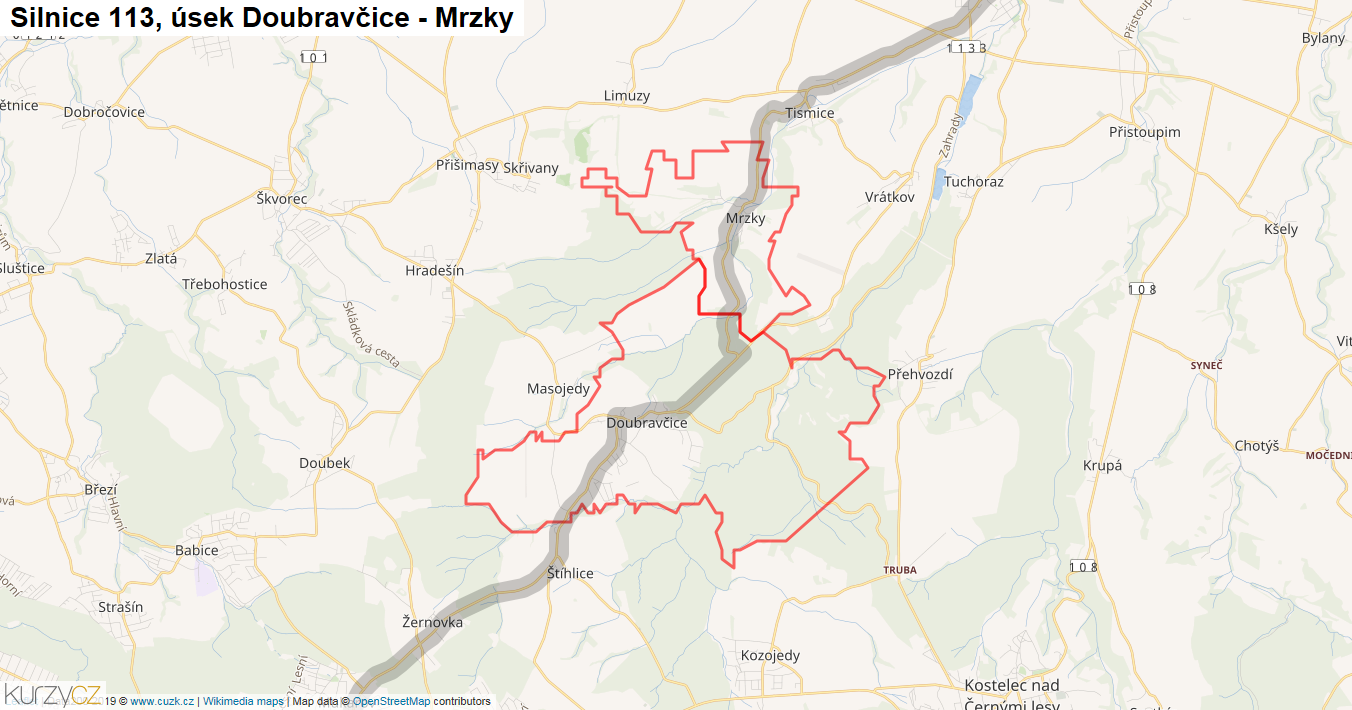 Úsek Doubravčice - Mrzky, Silnice 113 - Mapa
