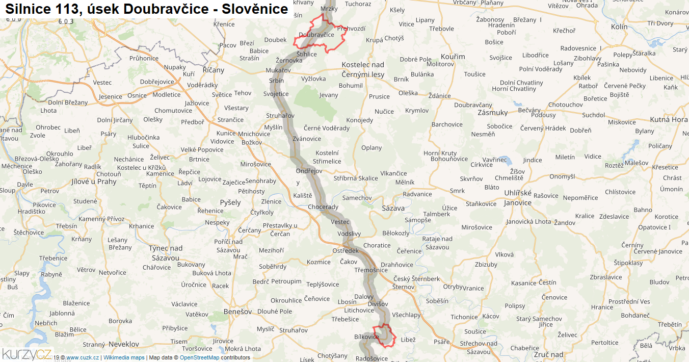 Úsek Doubravčice - Slověnice, Silnice 113 - Mapa