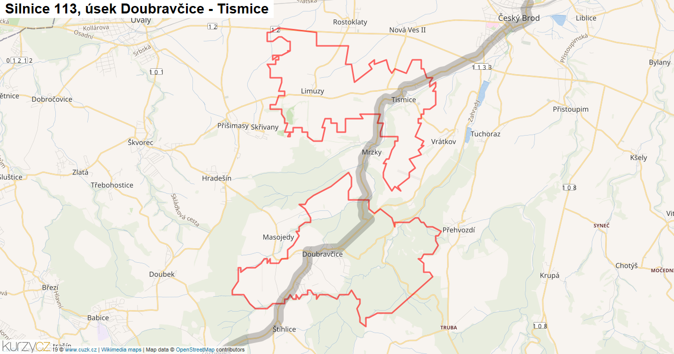 Úsek Doubravčice - Tismice, Silnice 113 - Mapa