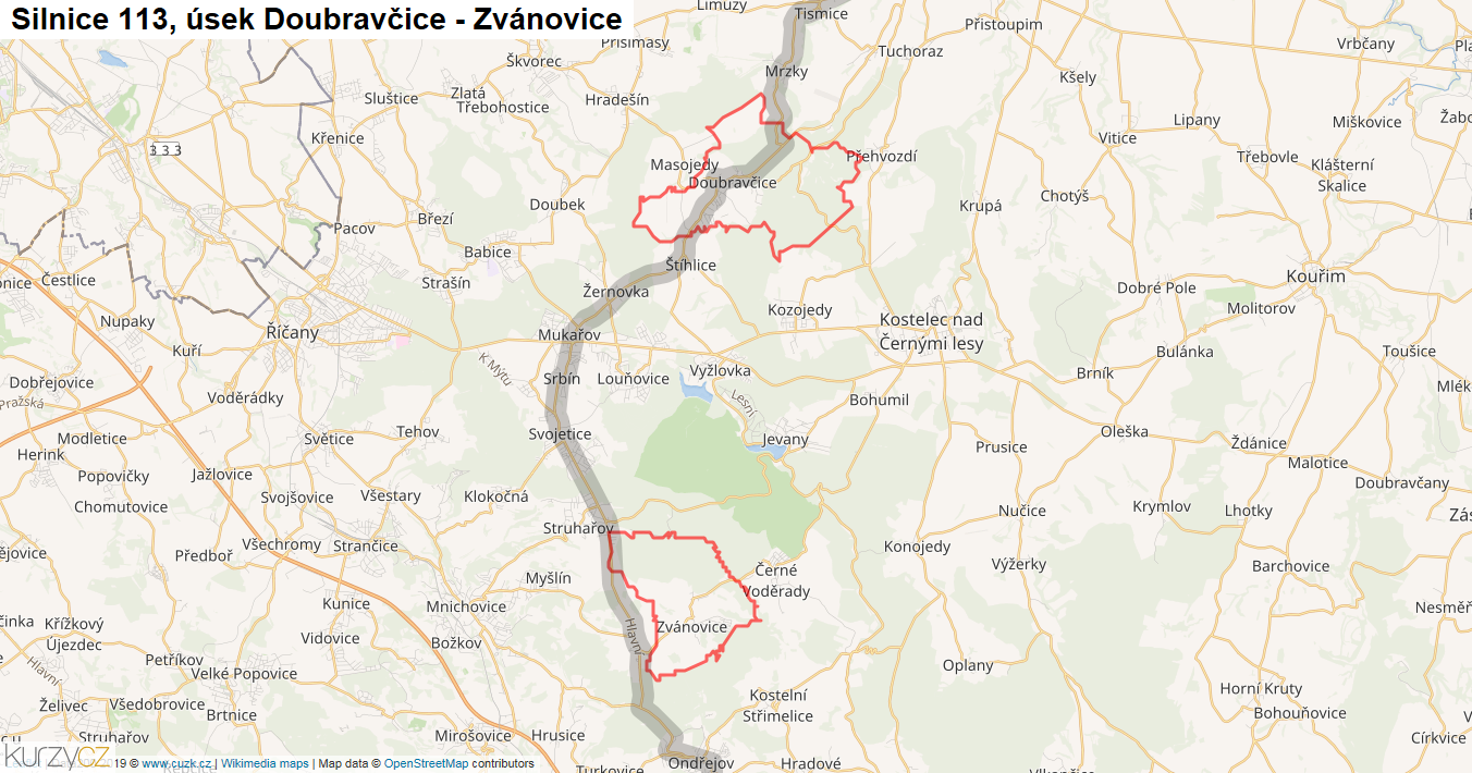 Úsek Doubravčice - Zvánovice, Silnice 113 - Mapa