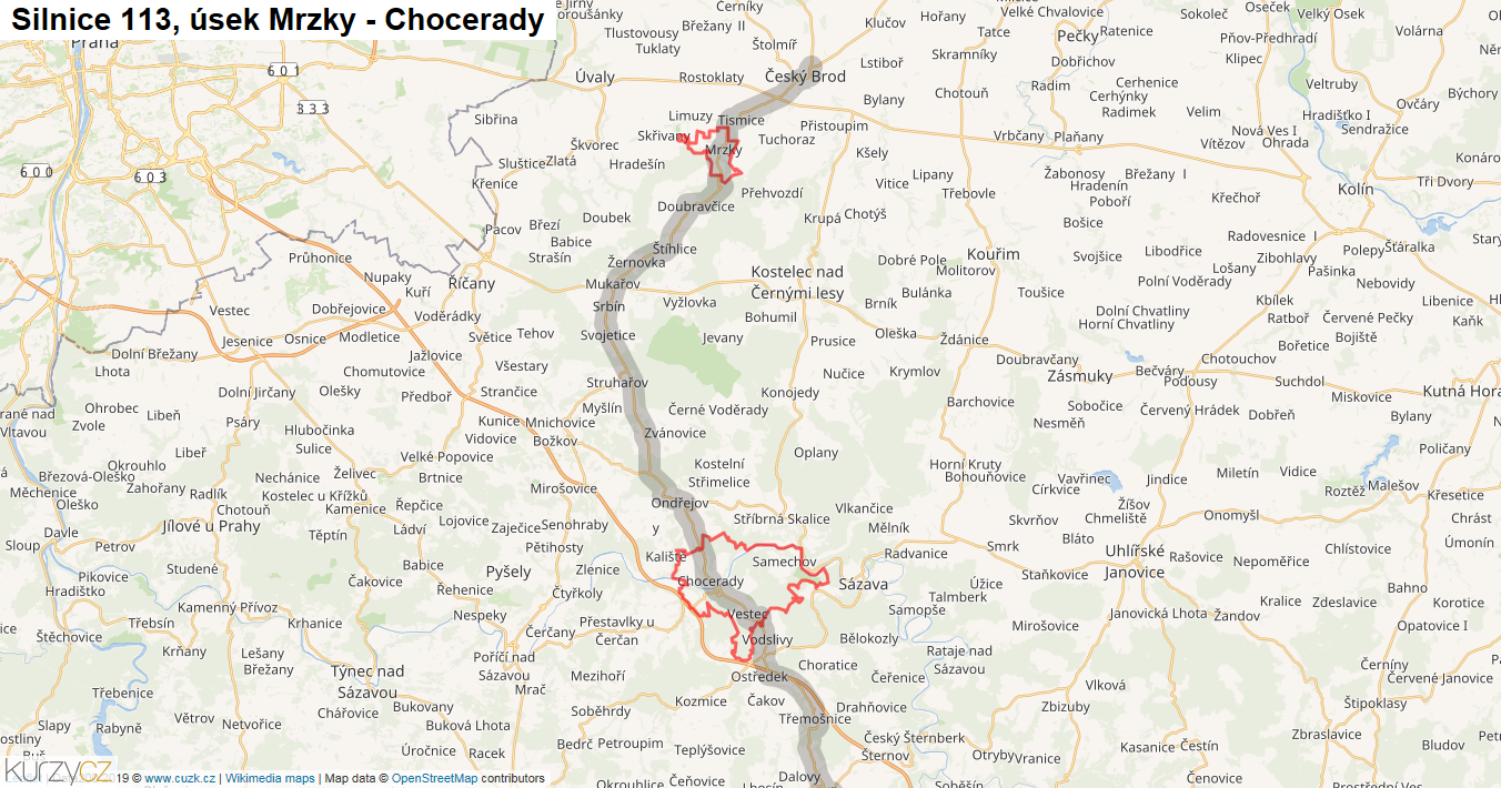 Úsek Mrzky - Chocerady, Silnice 113 - Mapa