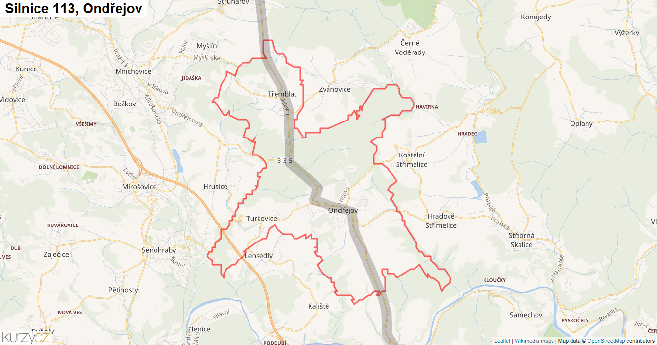 Ondřejov, Silnice 113 - Mapa