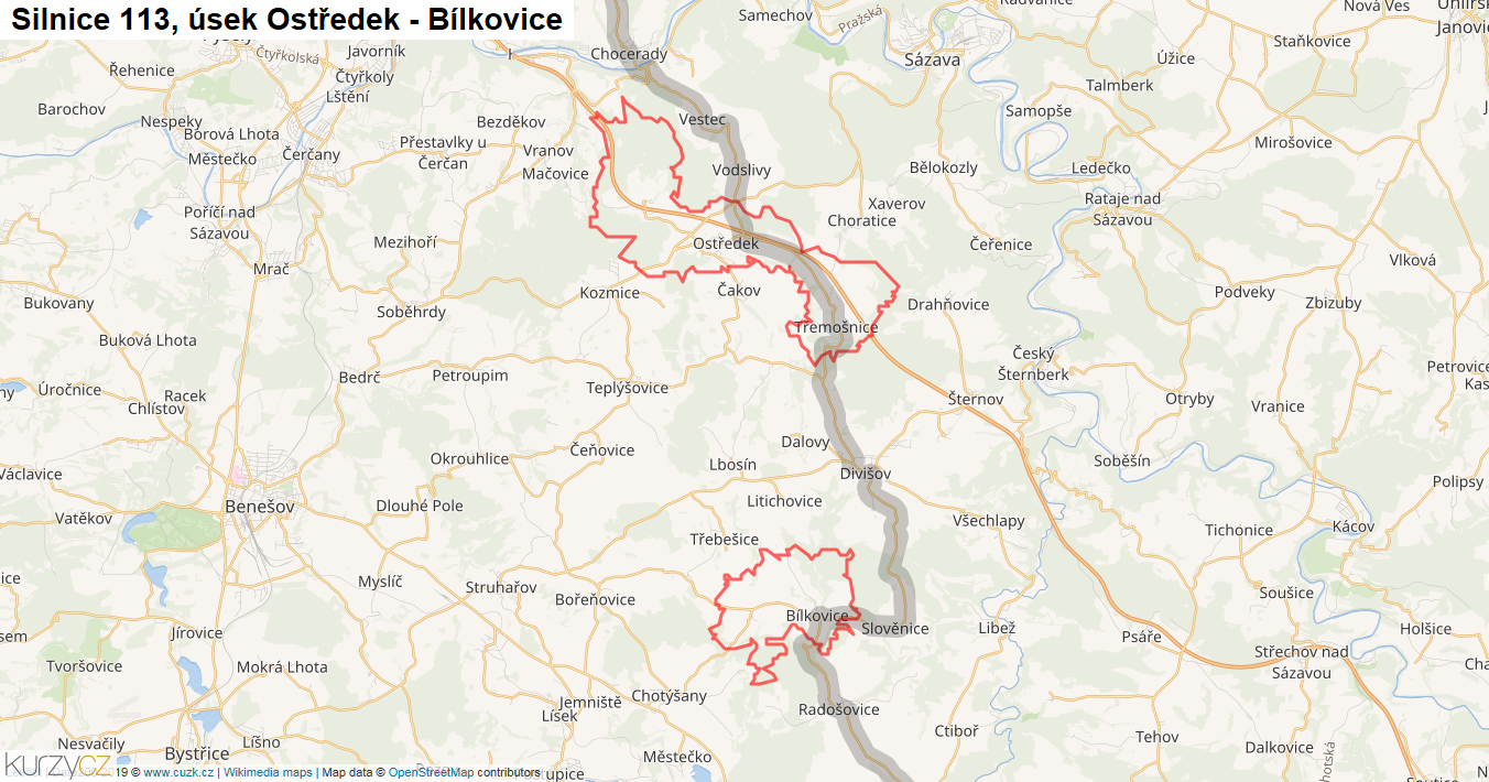 Úsek Ostředek - Bílkovice, Silnice 113 - Mapa