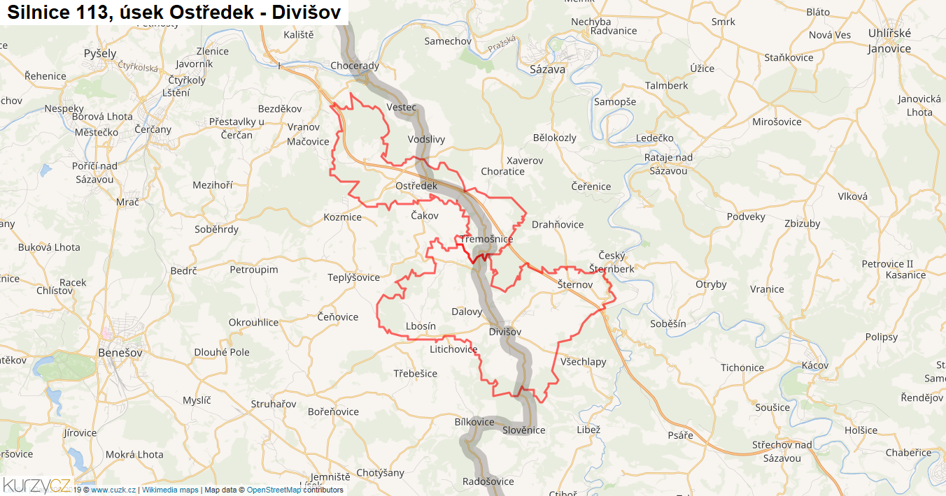 Úsek Ostředek - Divišov, Silnice 113 - Mapa