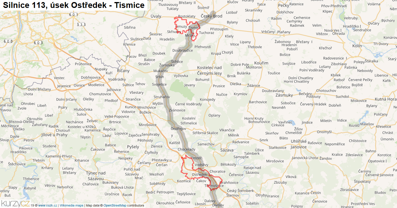 Úsek Ostředek - Tismice, Silnice 113 - Mapa