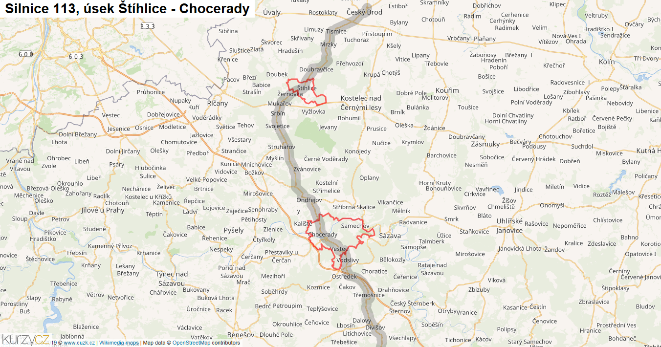 Úsek Štíhlice - Chocerady, Silnice 113 - Mapa