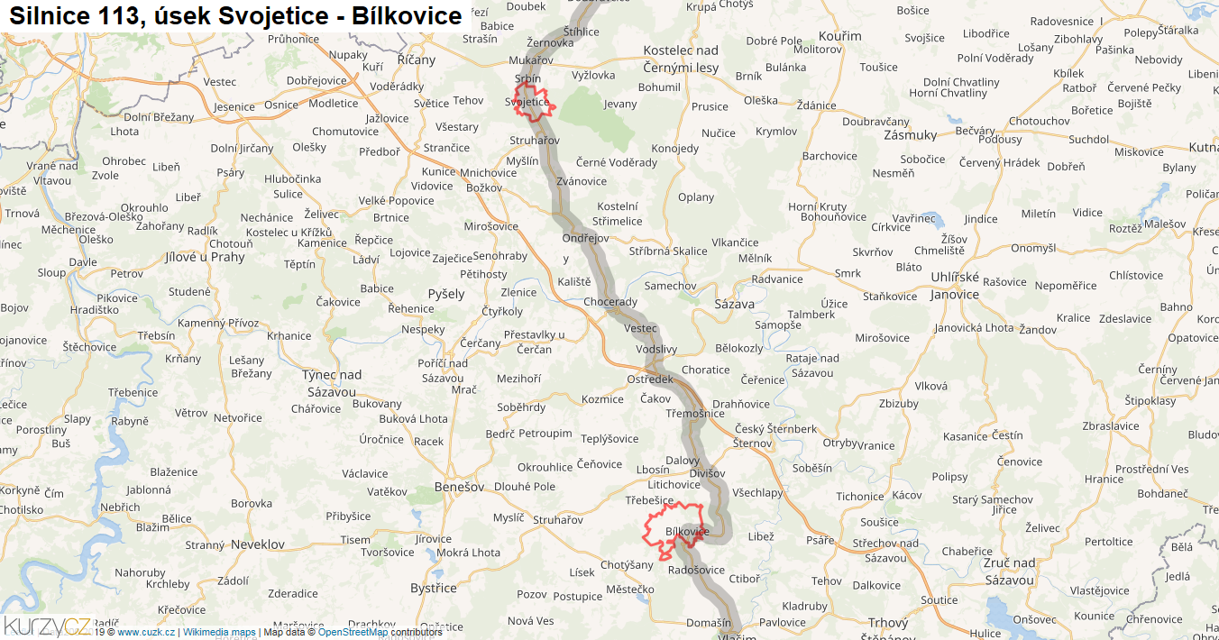 Úsek Svojetice - Bílkovice, Silnice 113 - Mapa