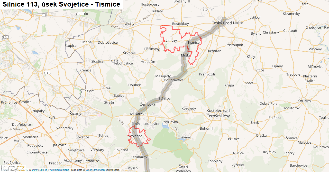 Úsek Svojetice - Tismice, Silnice 113 - Mapa