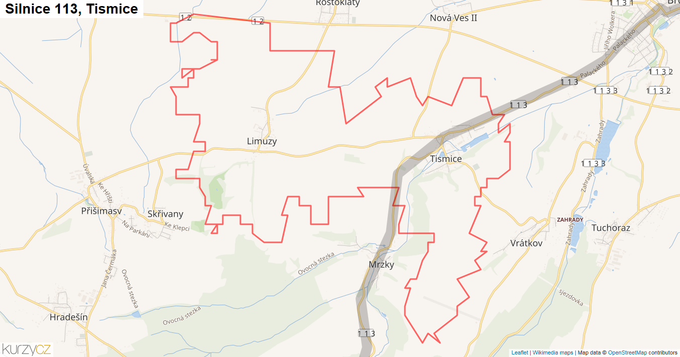 Tismice, Silnice 113 - Mapa