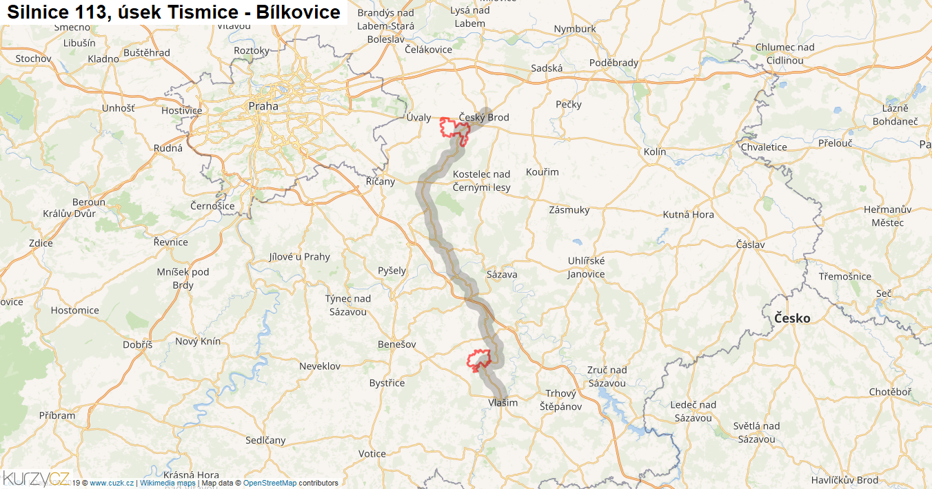 Úsek Tismice - Bílkovice, Silnice 113 - Mapa