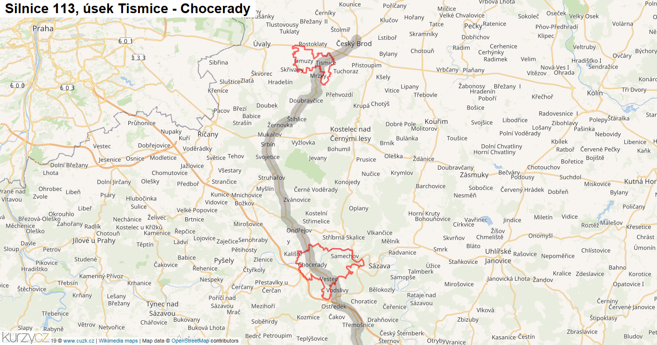Úsek Tismice - Chocerady, Silnice 113 - Mapa