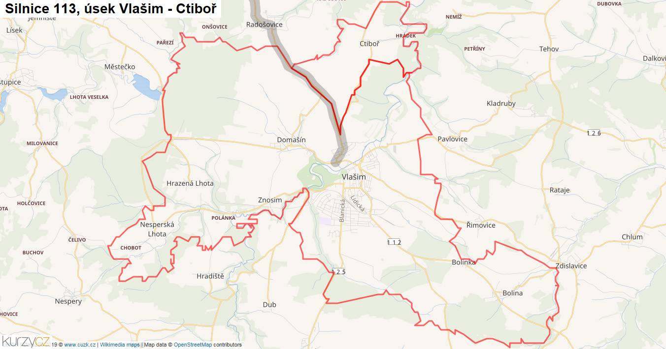 Úsek Vlašim - Ctiboř, Silnice 113 - Mapa