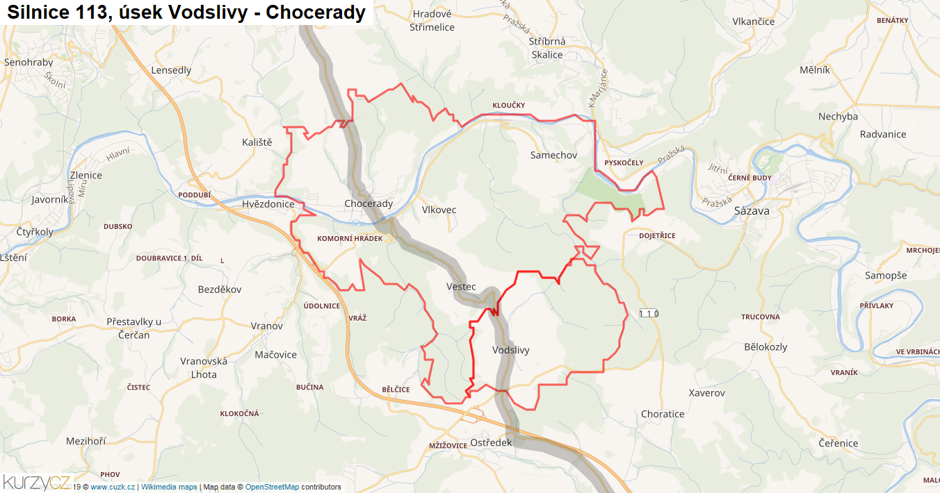 Úsek Vodslivy - Chocerady, Silnice 113 - Mapa