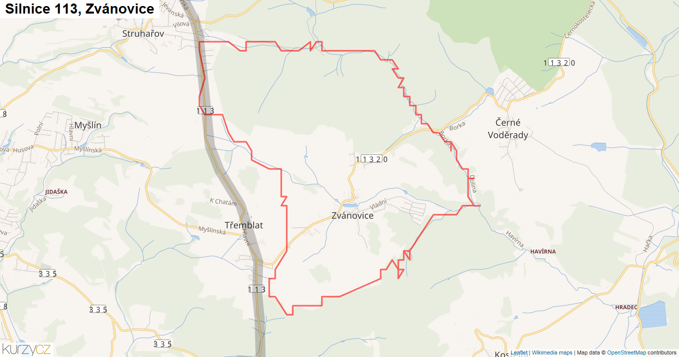 Zvánovice, Silnice 113 - Mapa